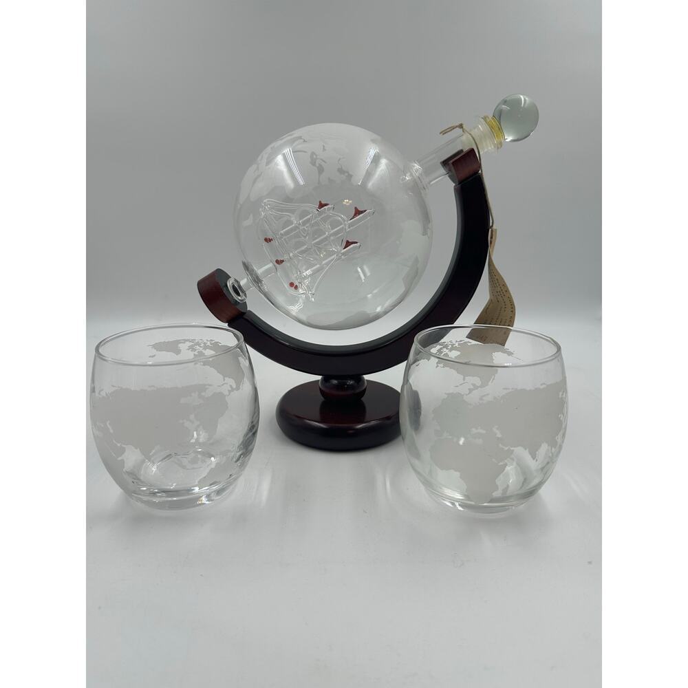 Creative Globe Decanter Set -w- Lead-free Carafe Exquisite Wood-stand 2 Glasses
